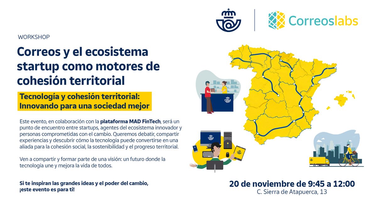 ¿Nos acompañas en nuestro próximo encuentro? El  20-nov a las 9:45 te esperamos en <a href="/Correoslabs/">Correoslabs</a>, junto con <a href="/MADFinTech/">Madrid Capital FinTech</a>, startups de referencia y agentes del ecosistema innovador que ya están generando impacto en nuestro territorio.
¡Nos vemos! Inscripción:
labs.correos.es/es/es/agenda/2…