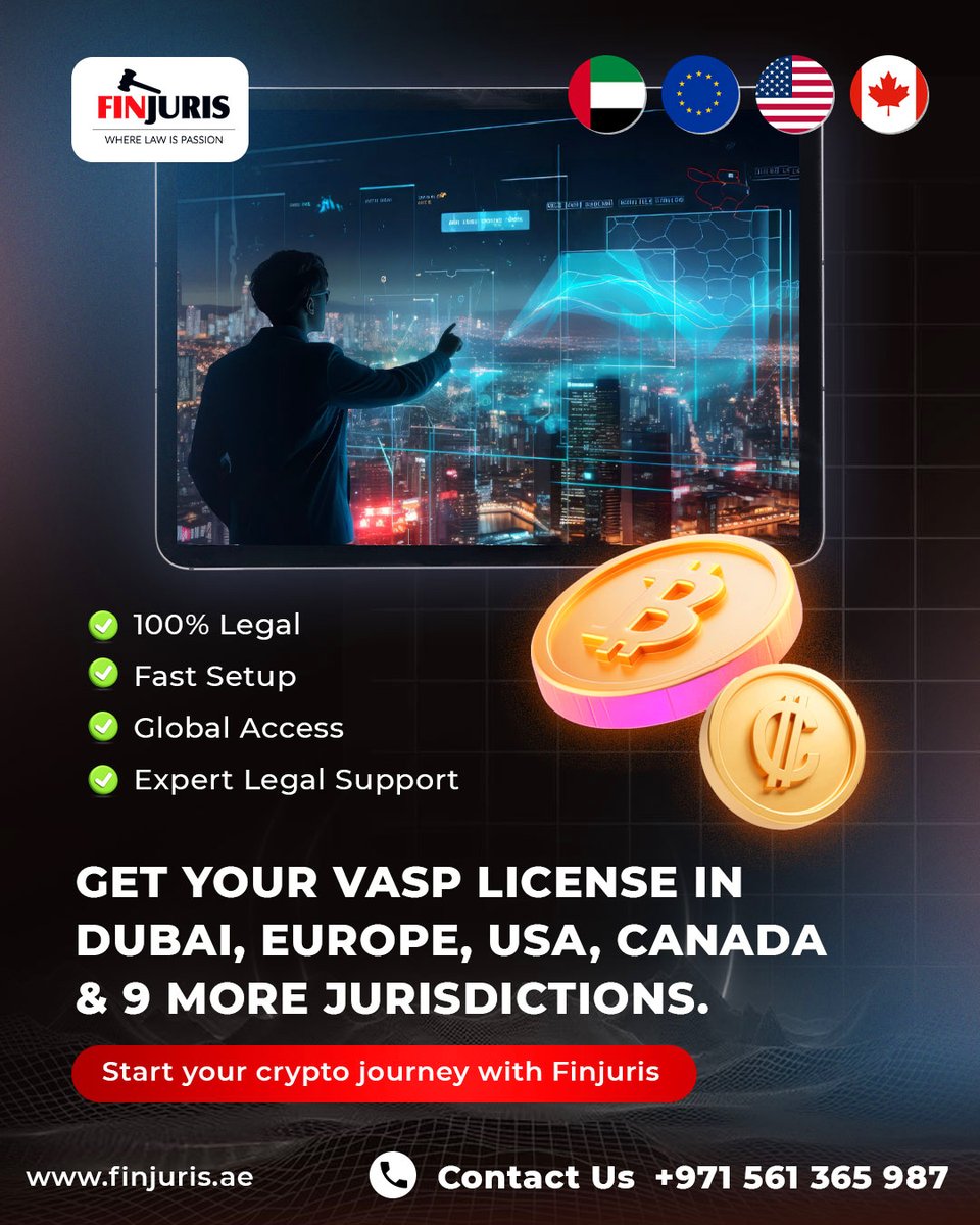 finjuris's tweet image. 🚀Expand your #crypto business with confidence.

At Finjuris Global, we help you obtain your #VASP License in #Dubai, Europe, USA, Canada, and 9+ global jurisdictions ensuring your operations stay 100% legal and regulator-ready.

Global access. Expert legal support.

#CryptoLaw