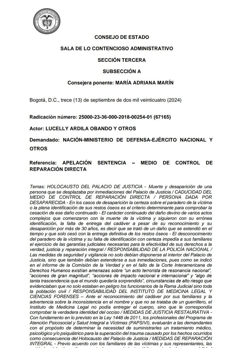 Reparación Directa: Falla del servicio irregularidades en el método de identificación y manejo de los cadáveres que ingresaron a sus instalaciones como consecuencia de los hechos presentados en el Palacio de Justicia los días 6 y 7 de noviembre de 1985
drive.google.com/file/d/1Pyhqew…