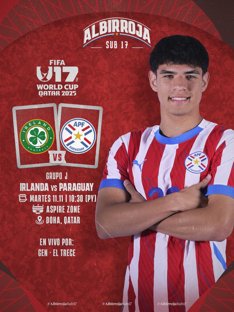 ¡Por el paso a la siguiente fase!
¡Dale la #AlbirrojaSub17 ⚪🔴!

🆚 🇮🇪
🏆 #U17WC - Grupo J
🏟️ Aspire Zone - Doha 🇶🇦
🕥 10:30 h
📺 <a href="/SomosGEN/">GEN</a> | <a href="/trecepy/">TRECE</a>

🗞️ goo.su/1z5pACa

#VamosParaguay 🇵🇾
