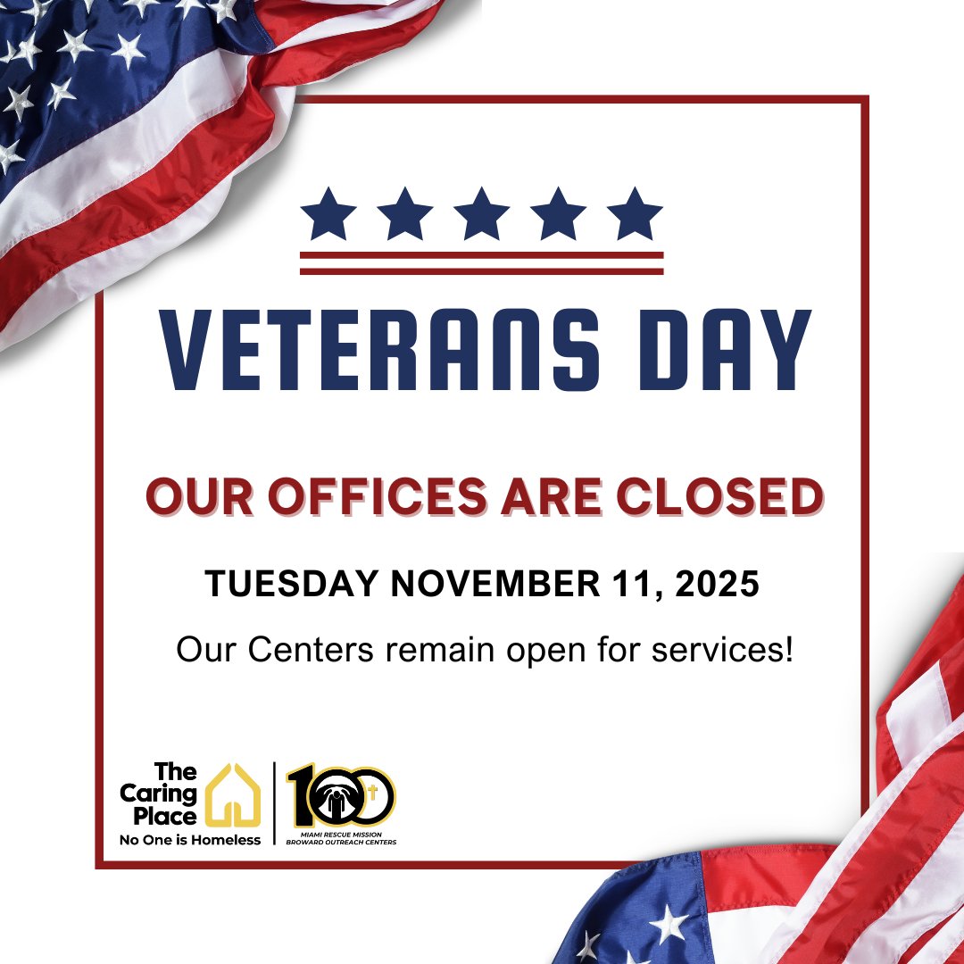 In observance of Veterans Day, our offices are closed on Tuesday, November 11. Our centers will remain open and ready to serve those in need. Honoring all who served, thank you for your courage and sacrifice. #VeteransDay #HonoringOurHeroes #CommunityCare #ICare #No1isHomeless