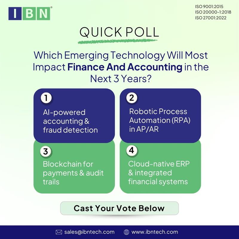 IBNTechnology's tweet image. Finance leaders, we want your take!  
From AI-powered accounting to blockchain, the future is evolving fast — your insights matter.
Cast your vote and join the conversation! 
#FinanceInnovation #AccountingTech #CFOInsights #DigitalFinance