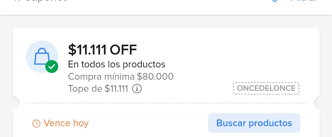 Cupon para Mercado Libre de $11.111 min de $80.000
ONCEDELONCE