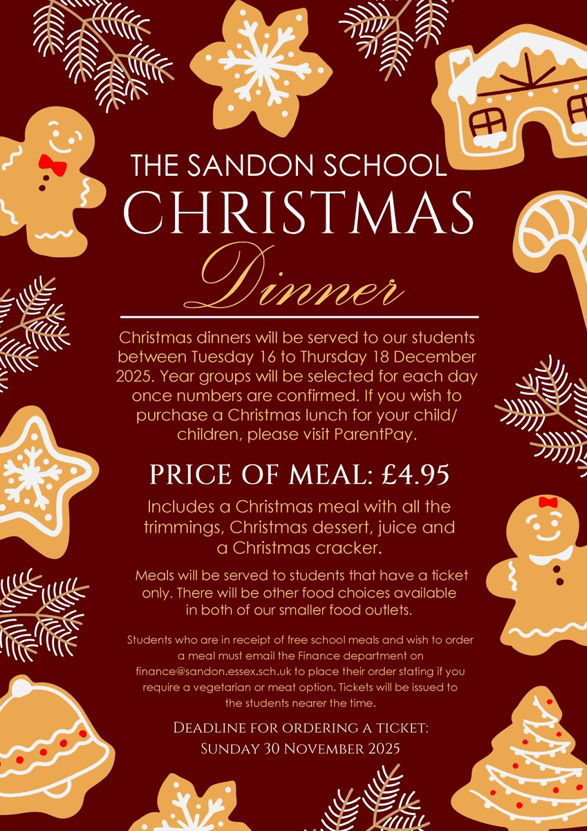 The Sandon School Christmas Dinner - Visit ParentPay to purchase a ticket for your child/children.