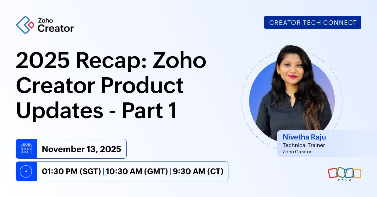 ZohoCreator's tweet image. Join us for the Creator Tech Connect series, where we&apos;ll catch you up on all the latest Zoho Creator product updates. Register below:
 
APAC &amp;amp; ANZ: zurl.co/feqBq
EMEA: zurl.co/spFbO
AMERICAS: zurl.co/IL0mL
