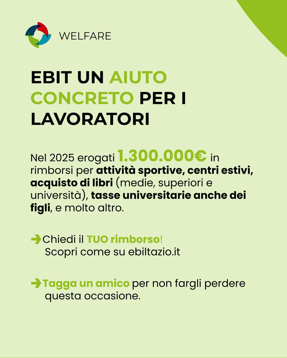 🏃‍♀️ Ti alleni, Ebit Lazio ti premia!

✅️ Grazie al welfare territoriale puoi ottenere fino a 300 € di rimborso per le attività sportive o fisico-motorie.

👉 Tutte le info su: ebitlazio.it/welfare-territ…

#EbitLazio #Welfare #Benessere #Sport #Lavoratori #Formazione #Lazio