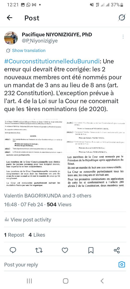 P_Niyonizigiye's tweet image. #CourConstitutionnelle: Vers la fin du #mandat de 5 ans pour 2 membres. Points à anticiper: (i) Eviter les erreurs de 2023: retard dans la nomination et mandat de 3 ans au lieu de 8 ans. (ii) Corriger le déséquilibre genre en nommant 2 femmes (l&apos;unique femme termine son mandat).