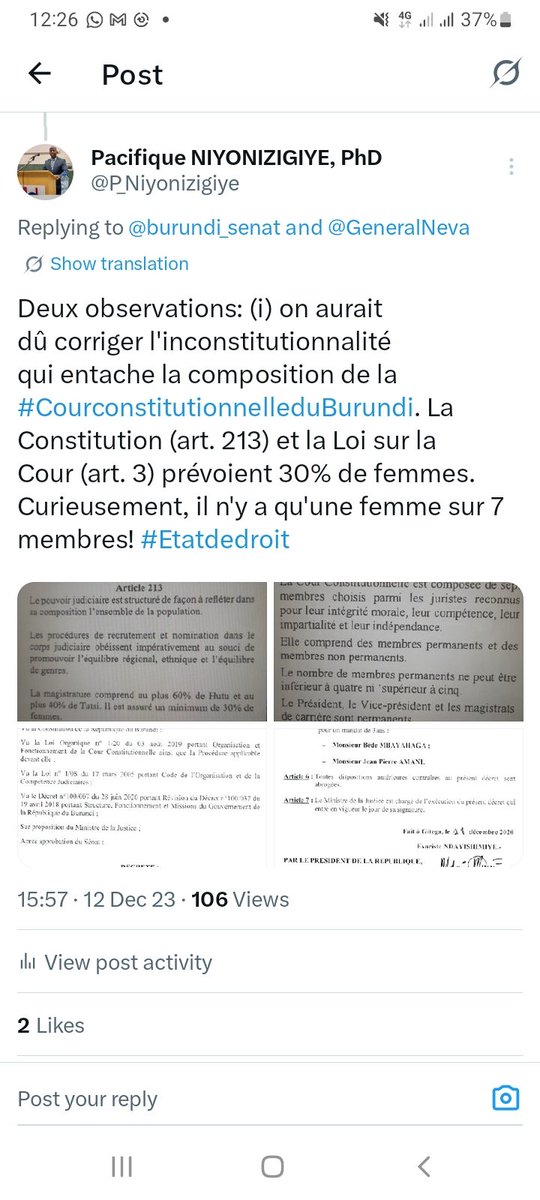 P_Niyonizigiye's tweet image. #CourConstitutionnelle: Vers la fin du #mandat de 5 ans pour 2 membres. Points à anticiper: (i) Eviter les erreurs de 2023: retard dans la nomination et mandat de 3 ans au lieu de 8 ans. (ii) Corriger le déséquilibre genre en nommant 2 femmes (l&apos;unique femme termine son mandat).