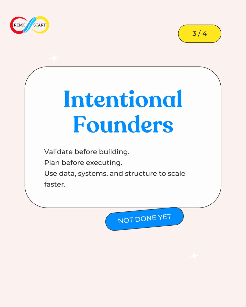 RemoStart's tweet image. The #1 mistake founders make? Building without clarity. 🔭

Intentional Founders plan, validate, and use data. Hustling Founders just run fast.

Swipe to choose your path and join the smart founders building with AI support.

#Remostart #FounderJourney #StartupExecution…