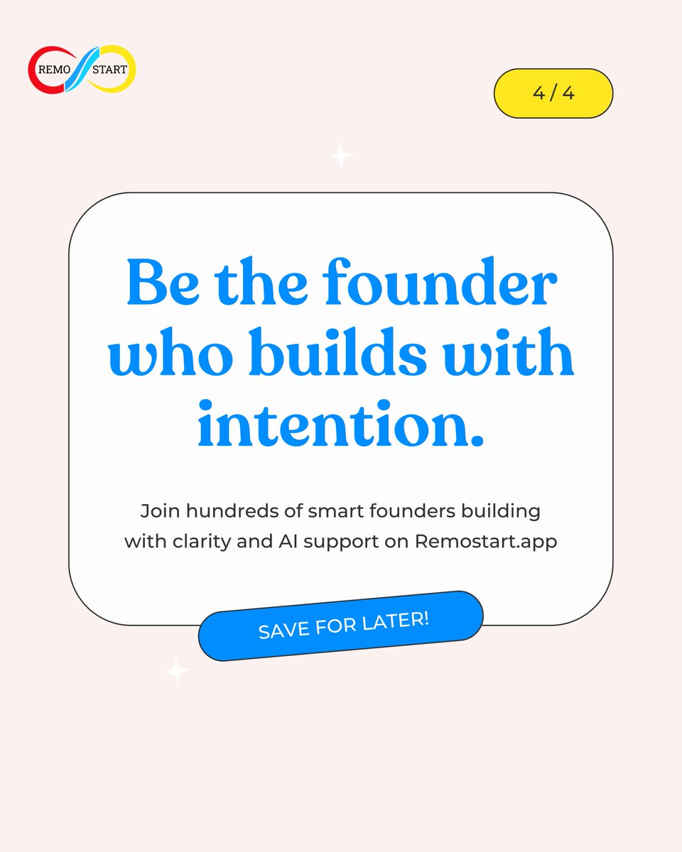 RemoStart's tweet image. The #1 mistake founders make? Building without clarity. 🔭

Intentional Founders plan, validate, and use data. Hustling Founders just run fast.

Swipe to choose your path and join the smart founders building with AI support.

#Remostart #FounderJourney #StartupExecution…