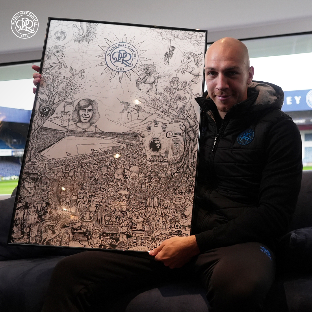 QPR's tweet photo. Michi's 𝗠𝗔𝗦𝗧𝗘𝗥𝗣𝗜𝗘𝗖𝗘 🖼️

Paying homage to some R's greats, W12 landmarks and MATRADE Loftus Road 🏟️

Up for auction 𝗡𝗢𝗪 for @QPRtrust 💙🤍
