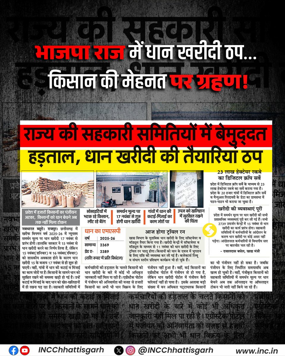 धान खरीदी शुरू होने को है… और किसानों का पंजीयन अटका पड़ा है!

सहकारी समितियों की हड़ताल से हजारों किसान दर-दर भटक रहे हैं, न पंजीयन, न टोकन, न जानकारी। खेत-खलिहान में धान सड़ने की कगार पर, और भाजपा सरकार फाइलों में “तैयारियों की समीक्षा बैठकों” में व्यस्त!