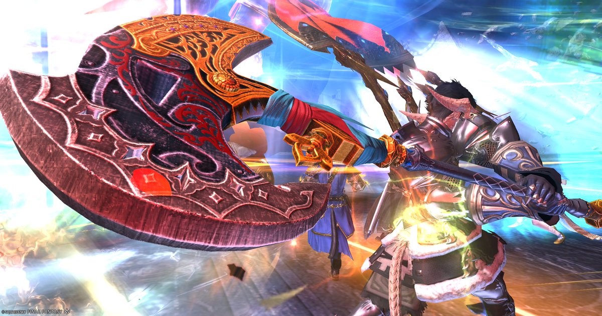 lririls's tweet photo. Ｃアラ参ります！
一人目は戦士さんです！初見でご参加くださいました！
オスラの戦士さんって逞しいので、スキル使用時の巨大斧を振り回すのにも説得力がありますよね…！
重厚だけど無骨なイメージの装備に合わせた華やかなセレモニアル武器がアクセントになっていてかっこよかったです！！ https://t.co/CPYHoyS7g1