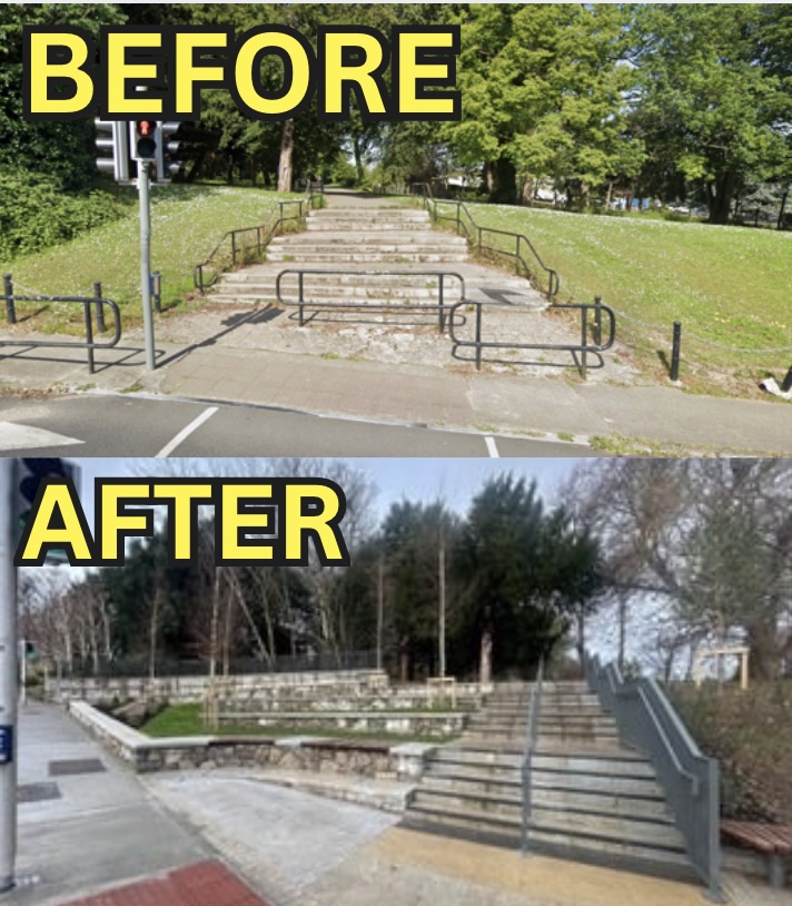 New entrance to Deerpark in Mount Merrion. 
At a cost of €753,528.43, built by Actavo (Ireland) Ltd.

Works included new steps, ramp, railings, stone walls, paving &amp; landscaping to improve safety &amp; accessibility.

Much needed improvements, but I thinks its fair to ask: why does