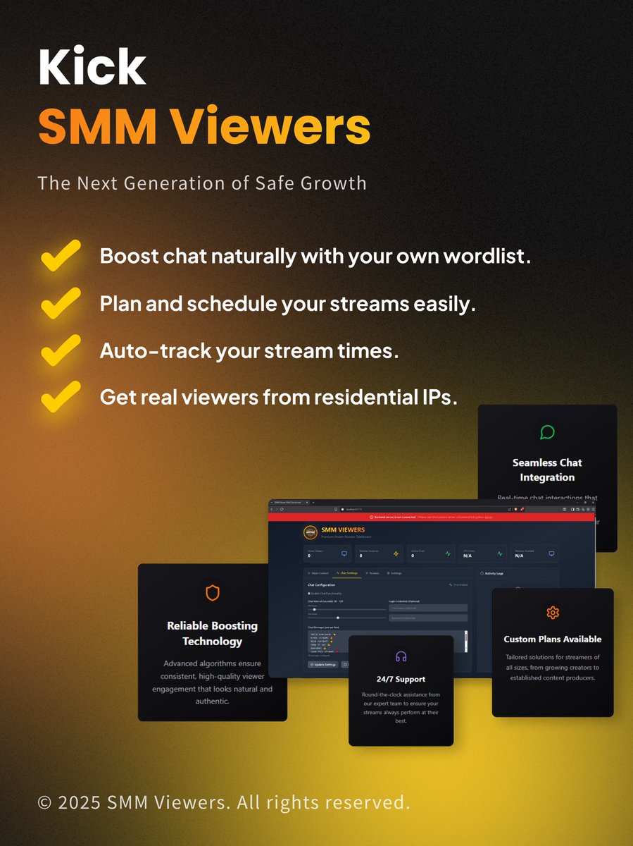 Basil11602238's tweet photo. 🚀 Introducing Kick SMM Viewers  The next generation of safe and natural stream growth!

✅ Boost your chat naturally with your own wordlist.
✅ Plan &amp; schedule your streams effortlessly.
✅ Auto-track stream times.
✅ Get real viewers from residential IPs.

#Kick #Streaming https://t.co/ihW4zoiw1w