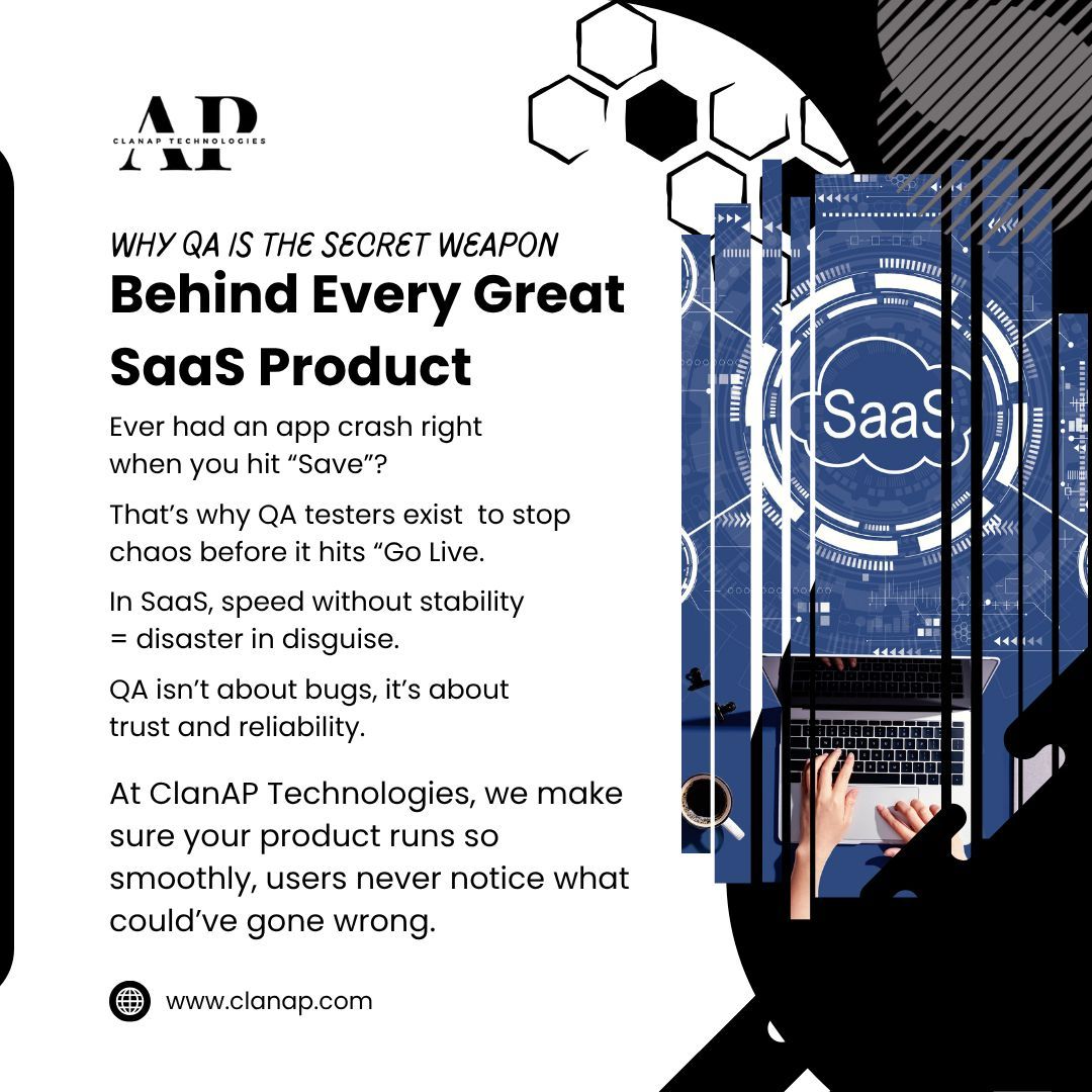 ClanapTech's tweet photo. Behind every great SaaS product is a team that ensures quality never takes a back seat.
QA isn’t just about finding bugs — it’s about building trust, stability, and reliability

👉 Learn how we keep your product fail-proof: https://t.co/jXPupnBPnA

#SaaS #QualityAssurance https://t.co/eIBbdSzpB9