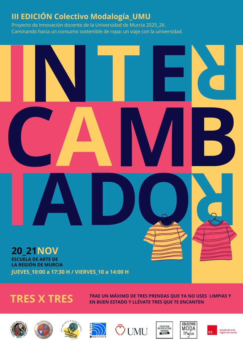 🗣️📢👚✨ INTERCAMBIADOR DE ROPA – ESCUELA DE ARTE DE MURCIA ♻

¡Renueva tu armario de forma sostenible y apoya la moda circular! 🧥👗🔁🌱

📅 20 y 21 de noviembre
📍 Escuela de Arte de Murcia <a href="/ea_murcia/">Escuela Arte Murcia</a>

#IntercambioDeRopa  #ModaSostenible #SwapParty  #RopaCircular