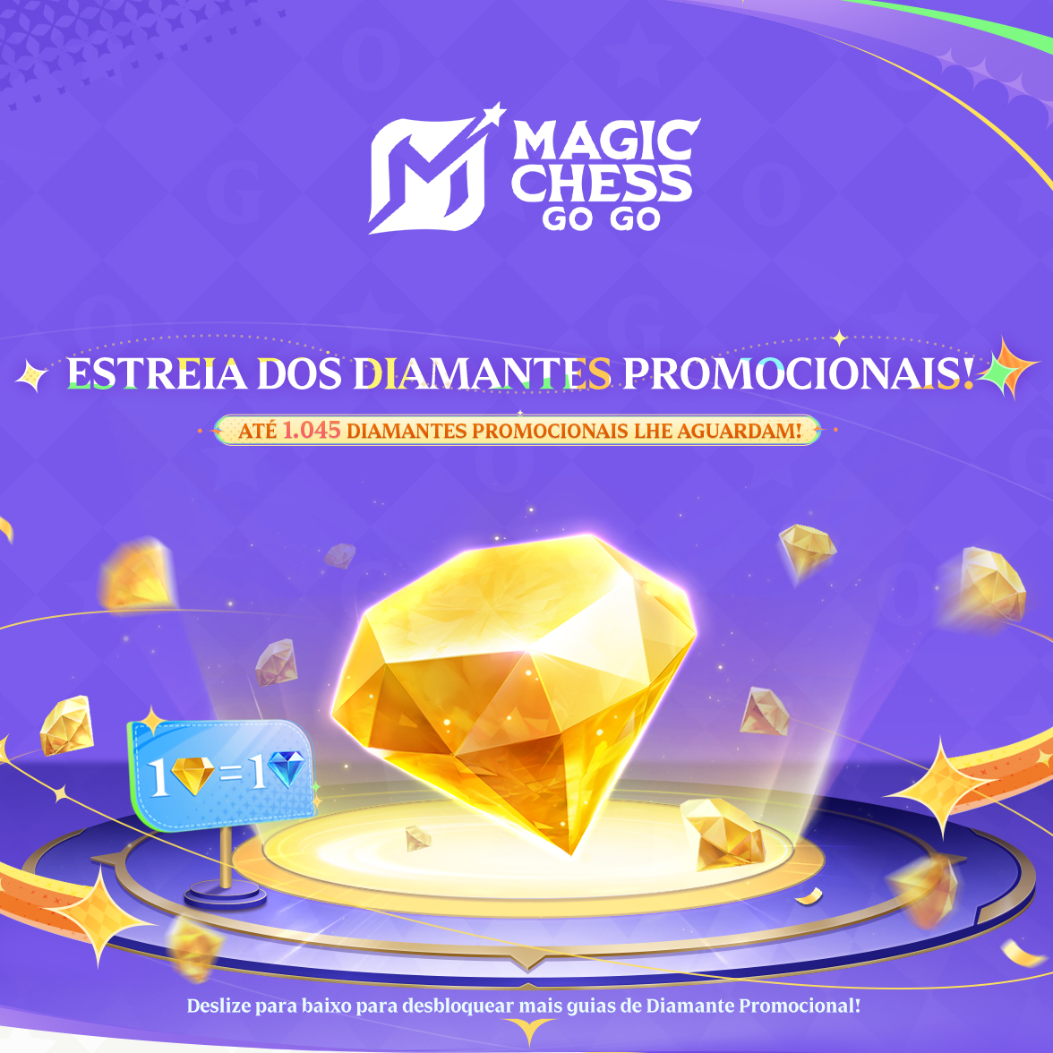 mcggbr's tweet image. O primeiro Evento de Diamantes Promocionais do MCGG será lançado em breve! Descubra todas as maneiras de coletar Diamantes Promocionais em uma só imagem!

#MagicChessGoGo
#MCGG
#GoChessGo
#MCGGCosmicTraders
