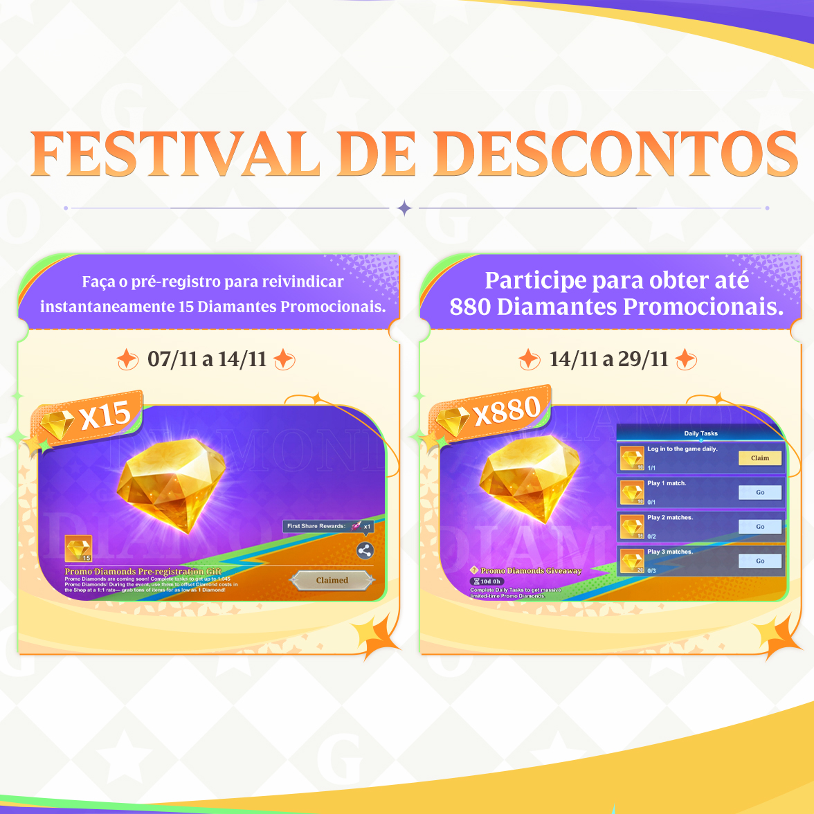 mcggbr's tweet image. O primeiro Evento de Diamantes Promocionais do MCGG será lançado em breve! Descubra todas as maneiras de coletar Diamantes Promocionais em uma só imagem!

#MagicChessGoGo
#MCGG
#GoChessGo
#MCGGCosmicTraders