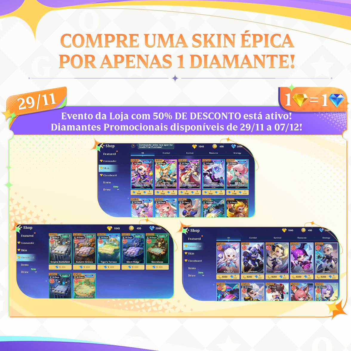 mcggbr's tweet image. O primeiro Evento de Diamantes Promocionais do MCGG será lançado em breve! Descubra todas as maneiras de coletar Diamantes Promocionais em uma só imagem!

#MagicChessGoGo
#MCGG
#GoChessGo
#MCGGCosmicTraders