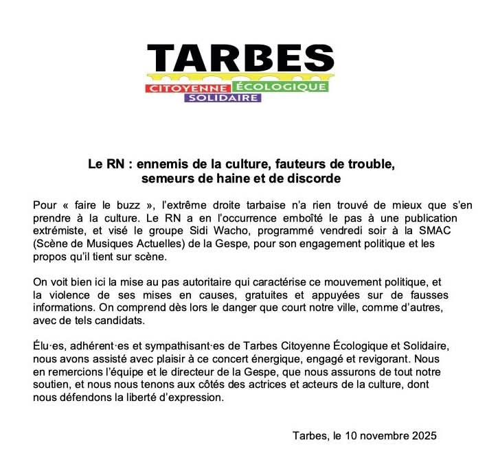 🟡🔴🟢🟣 À Tarbes comme ailleurs, l'extrême droite s'en prend à la culture et à la liberté d'expression. Nous ne les laisserons pas faire. 
  Soutien à Sidi Wacho et à La Gespe. 

#TCES #LaGespe #SidiWacho #tarbes