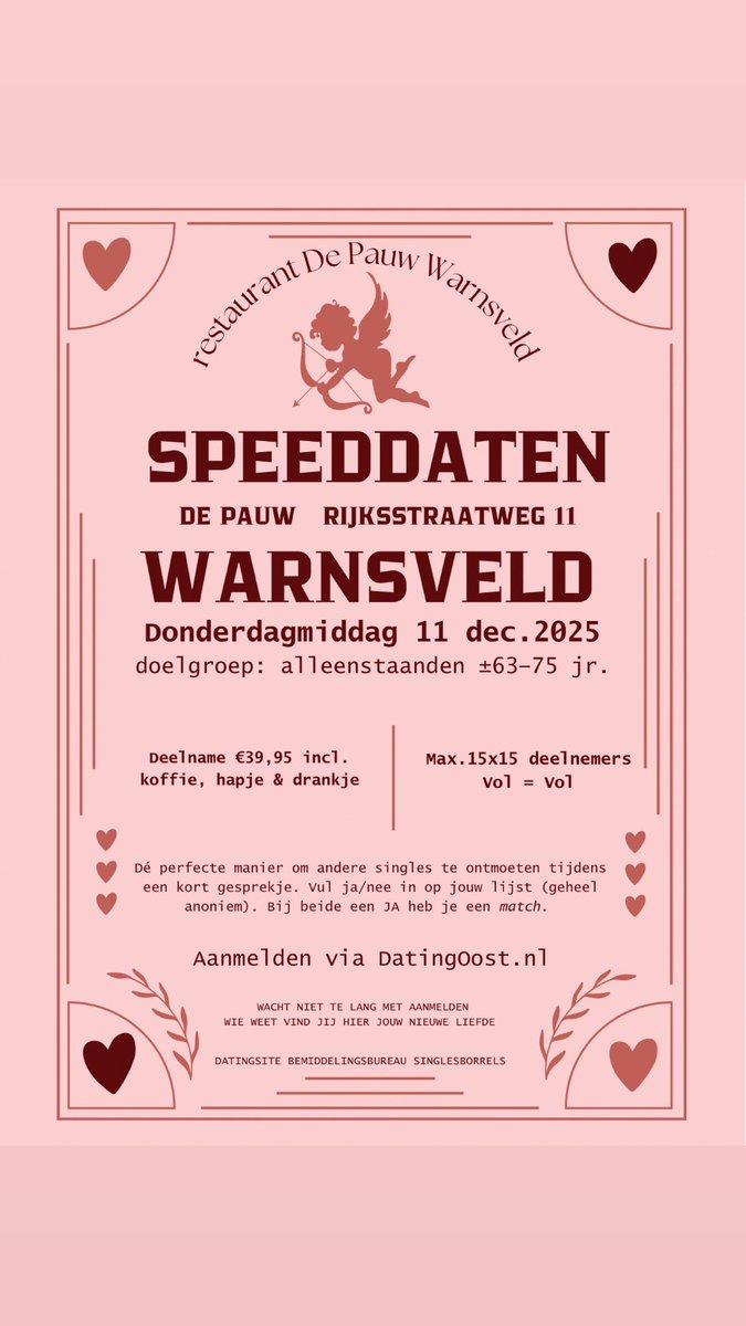 DatingOost's tweet photo. Speeddaten voor actieve alleenstaande senioren in Warnsveld. Doelgroep ±63-75jr. Donderdagmiddag 11 december 2025. Aanmelden en meer info via https://t.co/7xGIvWtRKZ https://t.co/juHdDgtP36