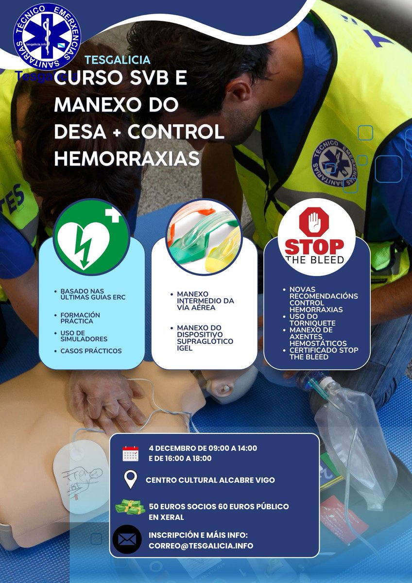 🚑 NOVO curso de Soporte Vital Básico e DESA + manexo da vía aérea e control de hemorraxias!

📅 4 decembro | 🕘 09:00–14:00 / 16:00–18:00
📍 Centro Cultural de Alcabre (Vigo)
💶 Socios 50€ | Xeral 65€

📩 +info: correo@tesgalicia.info

#SoporteVitalBásico #TESGalicia