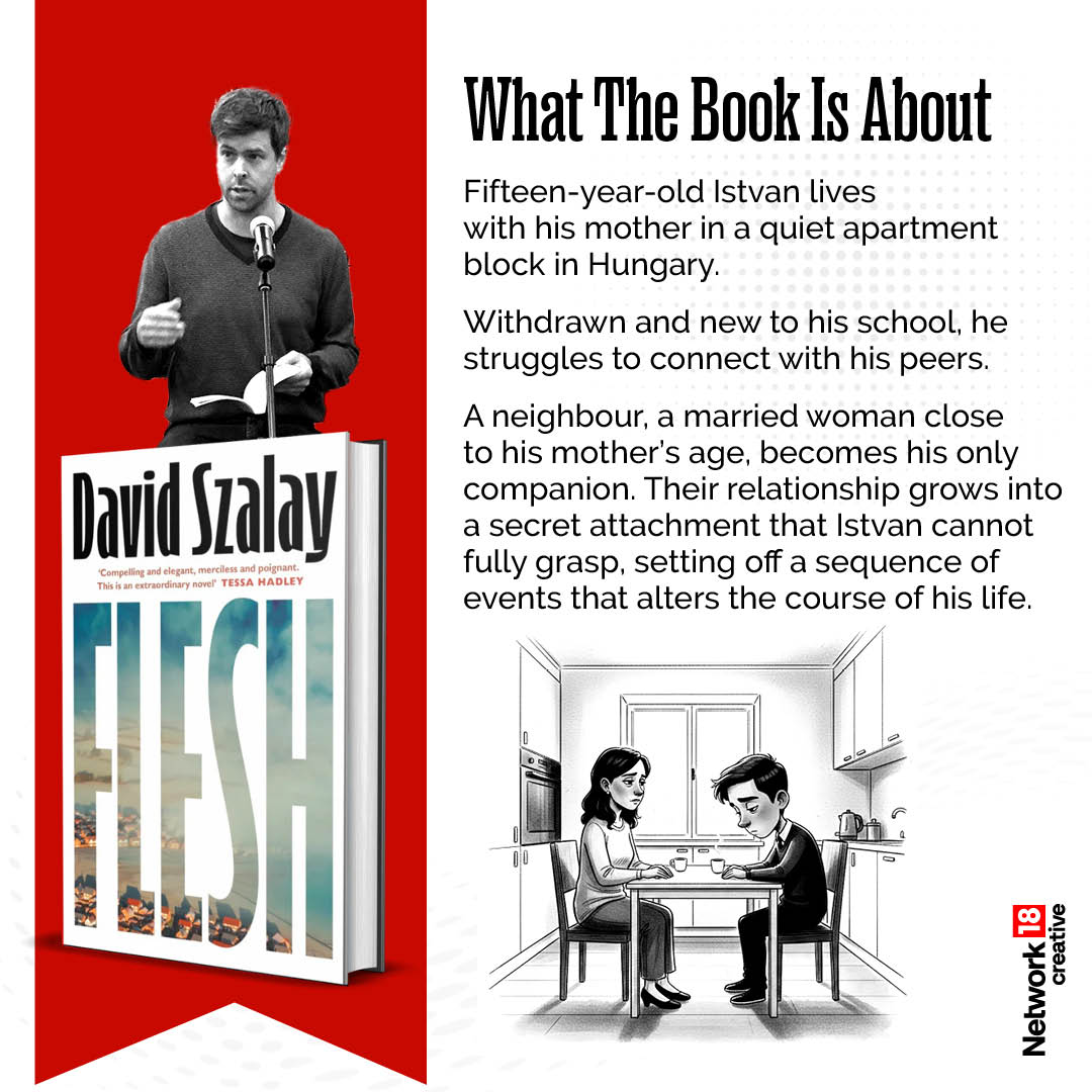 Nw18Graphics's tweet photo. Booker Prize 2025 | David Szalay has won the 2025 Booker Prize for Flesh, his sixth work of fiction. A look at the Booker-winning novel and its author

#Nw18Graphics #Nw18Creatives #Network18Creatives https://t.co/yn5AKjpMdF