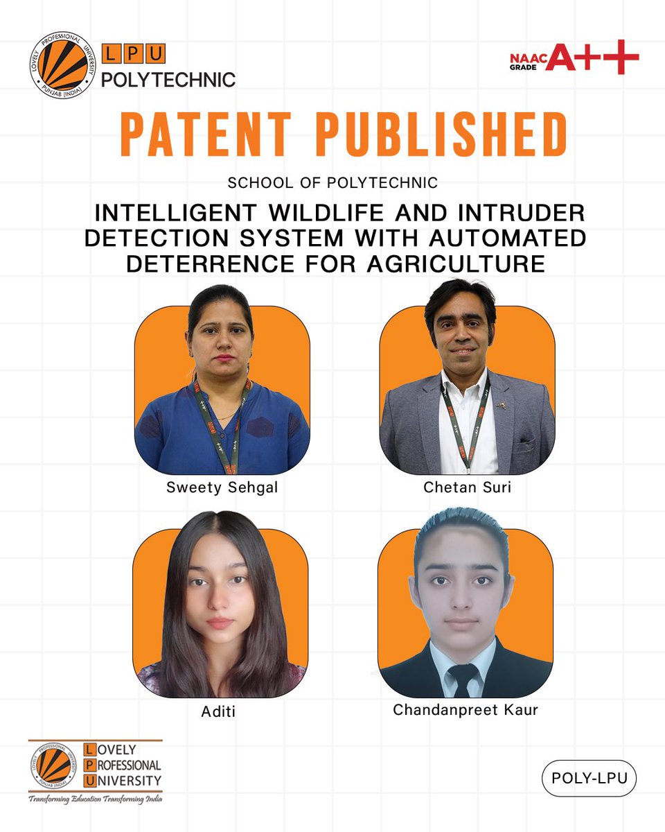 LPUPolytechnic's tweet image. Another achievement by researchers at LPU polytechnic.Excelling in the field of research is making our students and faculty feel proud. #lpu #polytechnic #patent @lpuuniversity