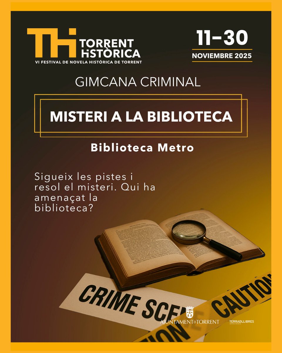 🔍 Els llibres amaguen pistes... Algú ha amenaçat la biblioteca, ens ajudes a resoldre el misteri?
Des de el 11 novembre fins el 30 novembre, participa en la Gimcana Criminal de Torrent Històrica, a la Biblioteca Metro.
Demostra la teua ment de detectiu!