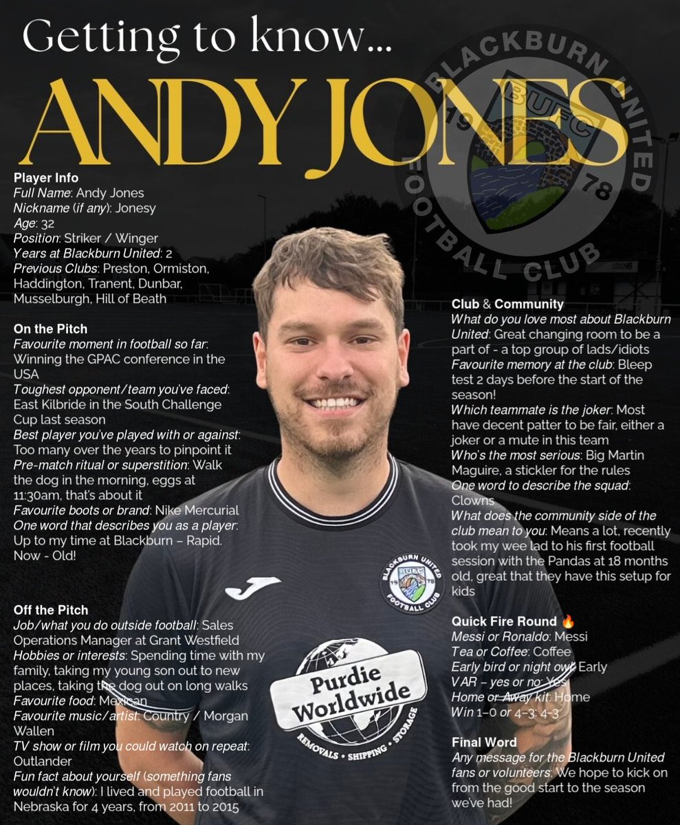 Meet striker Andy Jones ⚽️ — we sat down with him for a quick Q&amp;A to talk football, United and life at the club.

🏴🏁🏳️
𝘚𝘨𝘪𝘭 𝘢𝘨𝘶𝘴 𝘰𝘣𝘢𝘪𝘳 𝘤𝘩𝘳𝘶𝘢𝘪𝘥𝘩
#skillandhardwork
#montheburnie