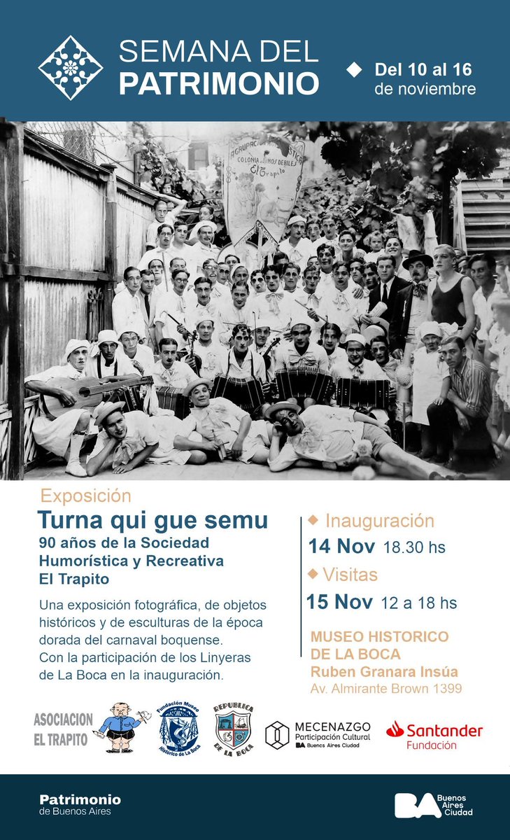 📷 CELEBRAMOS LOS 90 AÑOS DE EL TRAPITO. 
La Asociación El Trapito y la Fundación Museo Histórico de La Boca invitan a Ud. a la inauguración de la exposición "Turna qui gue Semu" que se realizará el próximo 📷 viernes 14 de noviembre a las 18.30 hs
#semanadelpatrimonio