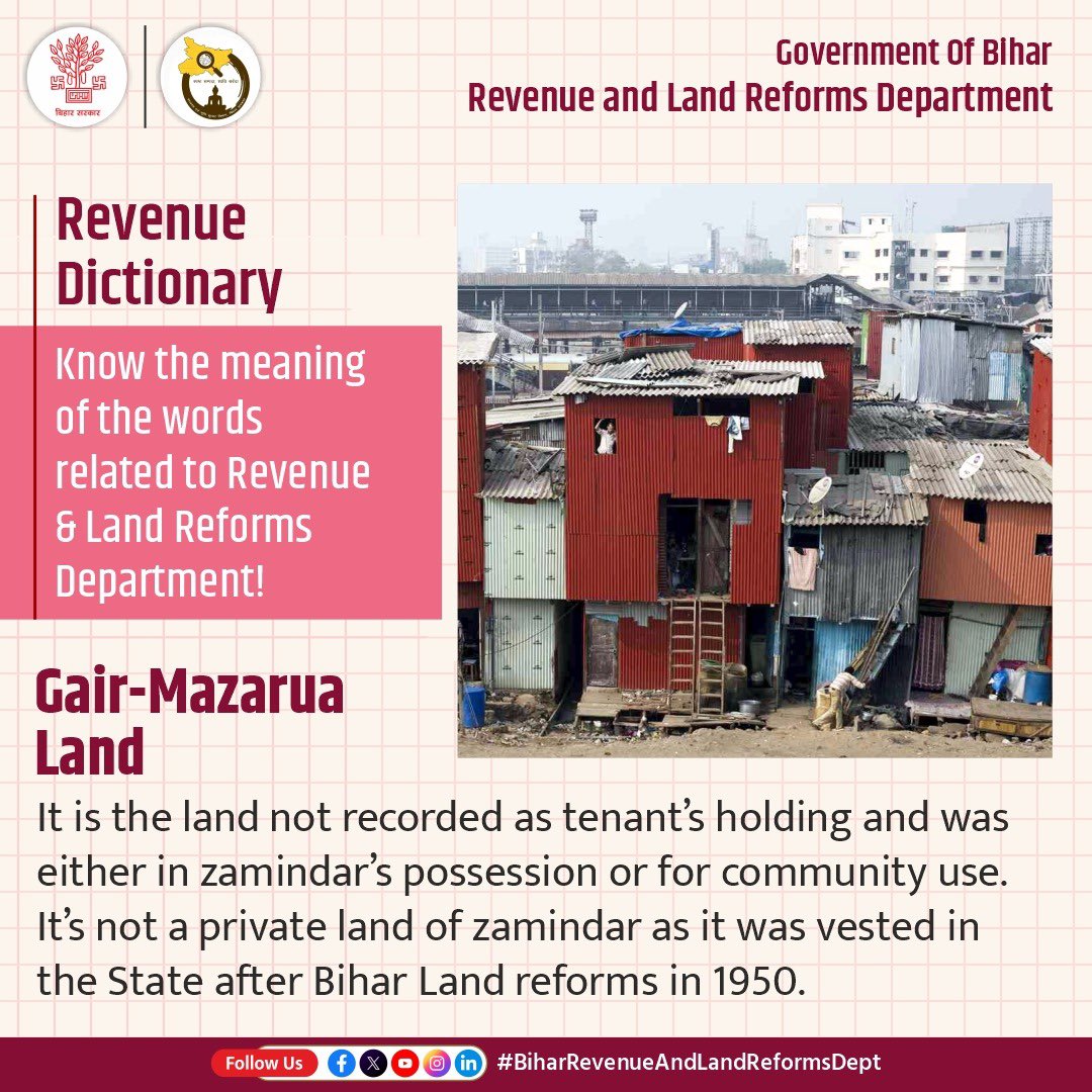 BiharRevenue's tweet photo. Know the meaning of Gair Majarua Land from Revenue Dictionary.

#revenue
#dictionary
#vocabulary
#words
#gairmajarualand
#biharbhumi
#biharrevenueandlandreformsdept https://t.co/ZfK7qju51V