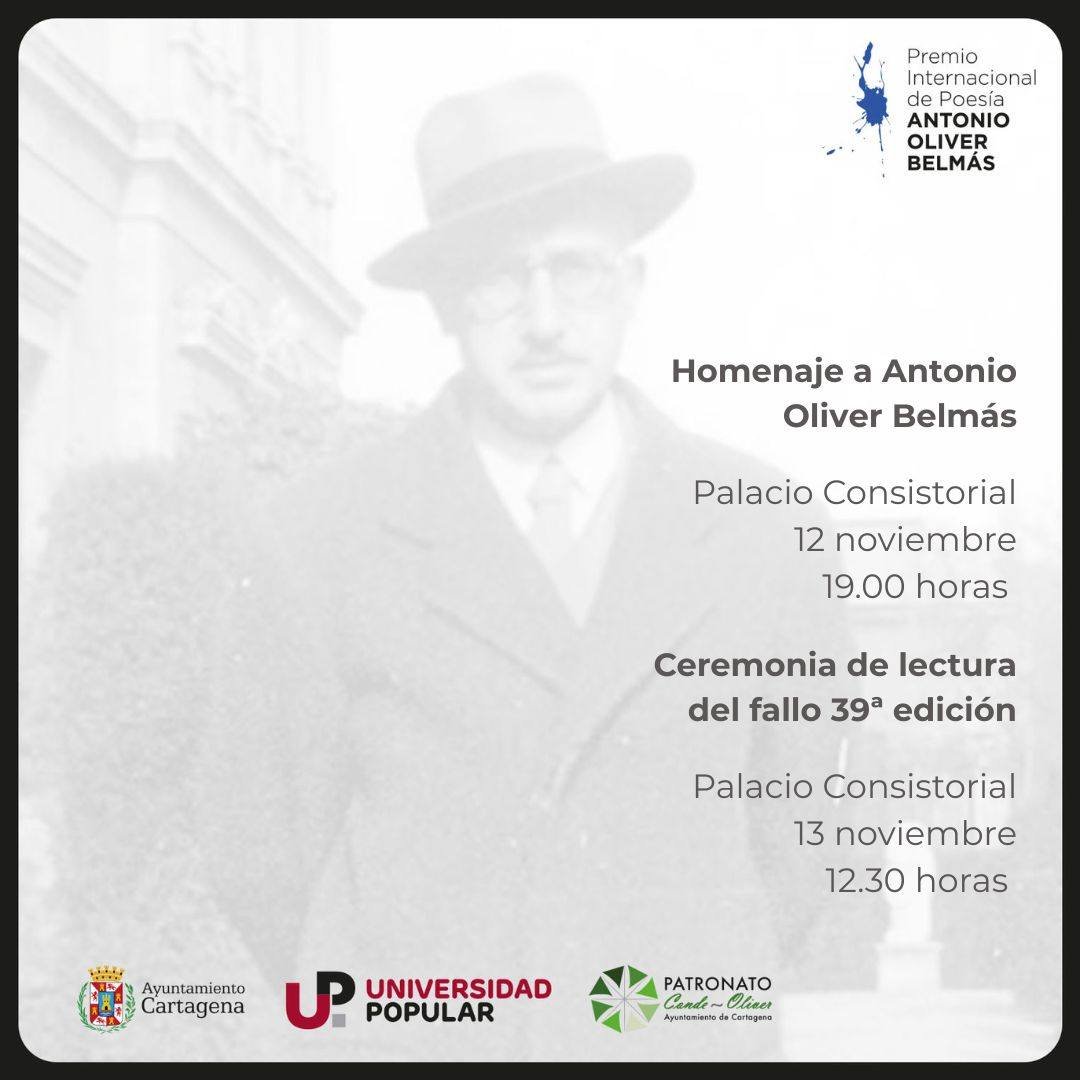 📖 Homenaje al poeta Antonio Oliver este miércoles en #Cartagena, dentro del premio internacional que lleva su nombre.

📘 Recital poético
⏰ 19:00 horas
📍 Palacio Consistorial
✅ Entrada libre, hasta completa aforo.

🌐 Toda la información en cartagena.es/detalle_notici…