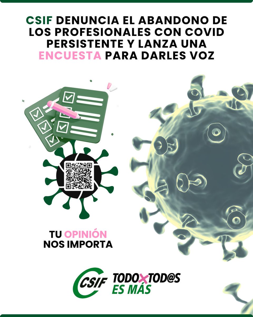 CSIFSanidadNaci's tweet image. 🦠 CSIF da voz a los profesionales con COVID persistente.

🎯 Participa en nuestra encuesta anónima para analizar su situación y reclamar mejoras laborales y reconocimiento.

Encuesta: 🔗 csif.es/es/articulo/na…

#COVIDPersistente #CSIF @CSIFnacional