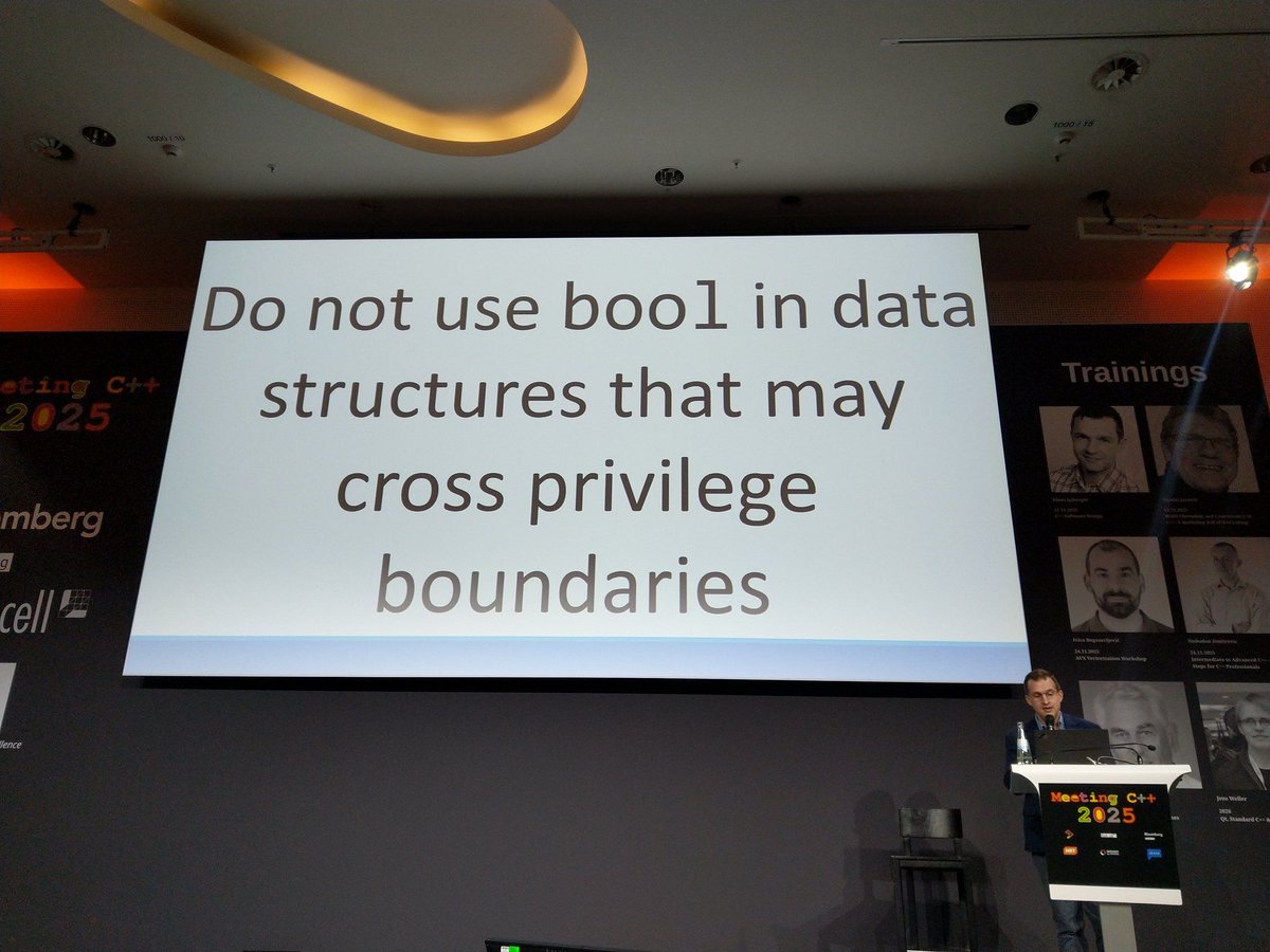 meetingcpp's tweet image. One of the core learnings for me from Meeting C++ 2025 was when James McNellis showed that bool has 3 not two possible values. Thats its not just true and false, but can also be undefined/not initialized.