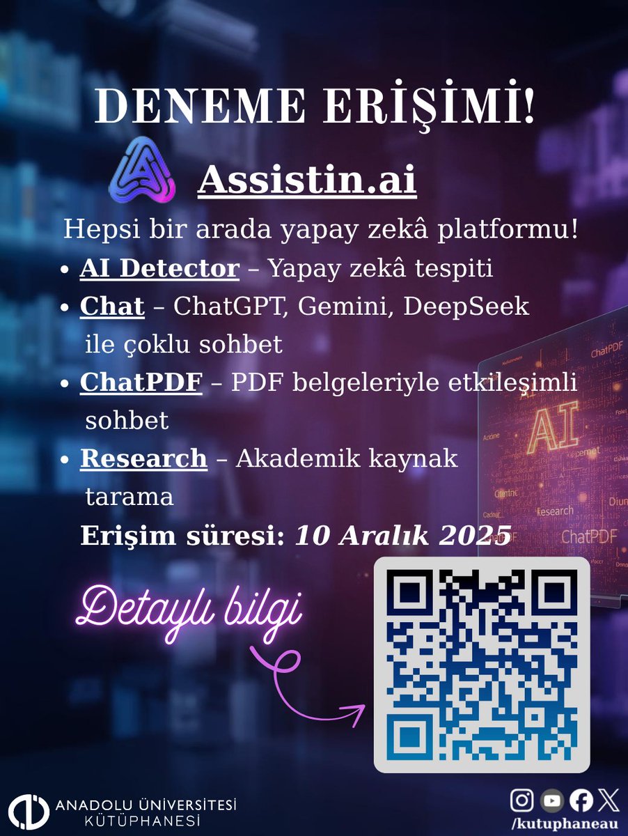 🎓 Assistin.ai Deneme Erişimi Başladı!
10 Aralık 2025’e kadar erişime açık 💡
🔍 AI Detector
🧠 Chat (ChatGPT, Gemini, DeepSeek)
📄 ChatPDF
📚 Research

#AnadoluÜniversitesi #AssistinAI #YapayZekâ