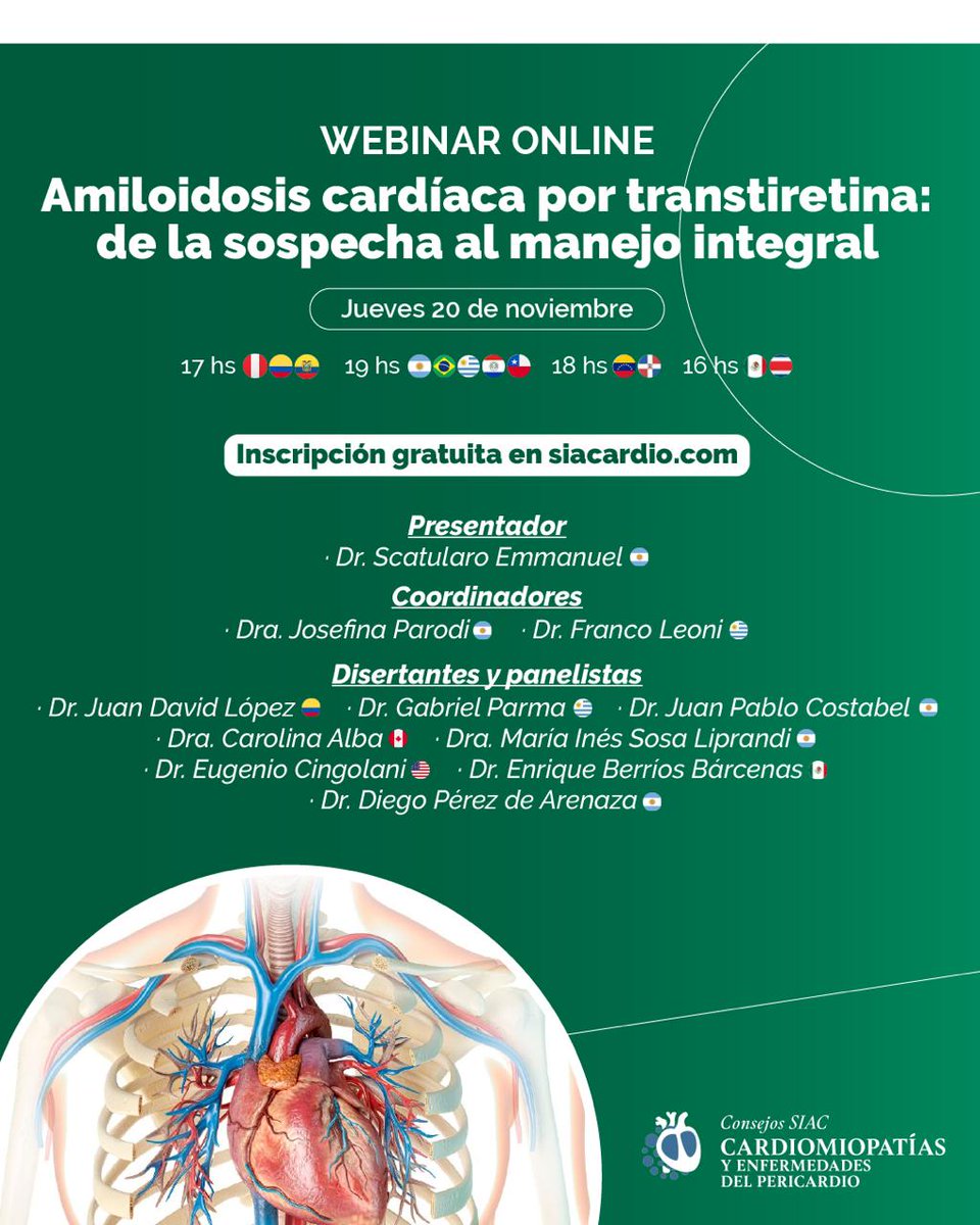 Webinar de Amiloidosis cardíaca de <a href="/SIAC_MCP/">SIAC Miocardiopatías</a> ❤️🌎

Inscripción free  ⤵️ 
siacardio.com/amiloidosissiac

📅 20 de noviembre
-19 hs Argentina, Uruguay, Brasil y Chile
-16 hs México, Costa Rica y Guatemala
-17 hs Colombia, Ecuador, Panamá y Perú
-18 hs República Dominicana y Venezuela