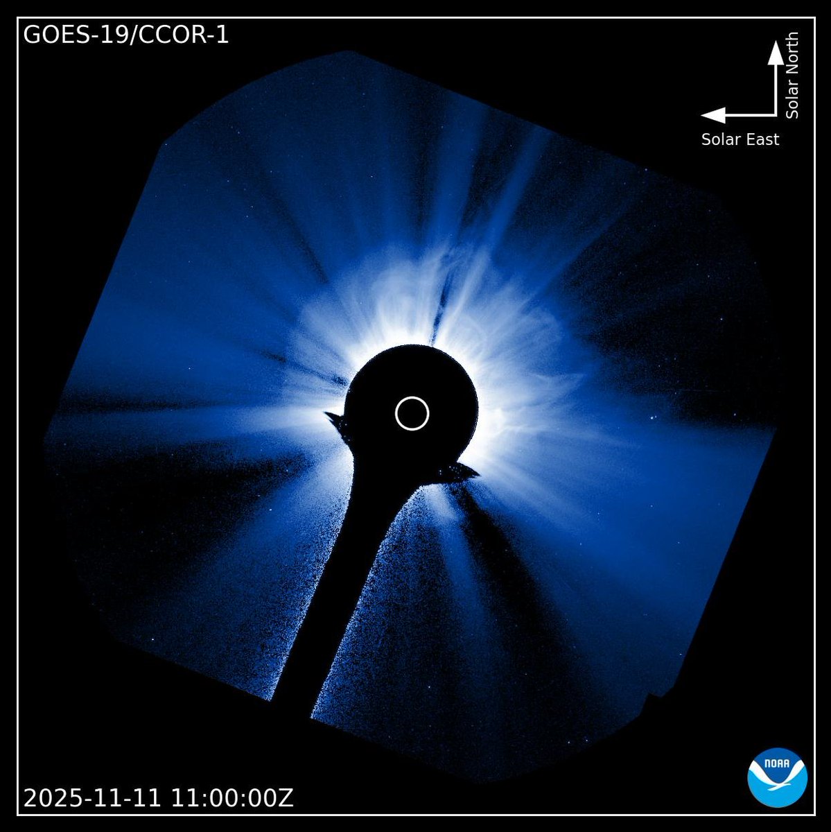 Beautiful halo CME associated with the latest X5.1 flare as captured by the compact coronagraph on GOES-19 (CCOR-1). Stay tuned about the possible impact of this CME on Earth.
