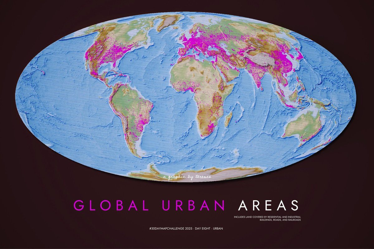 simongerman600's tweet image. In this map @researchremora shows us the urban footprint around the world. I pondered this map for quite a bit. Few of us venture outside of the pink areas for any long stretch of time.