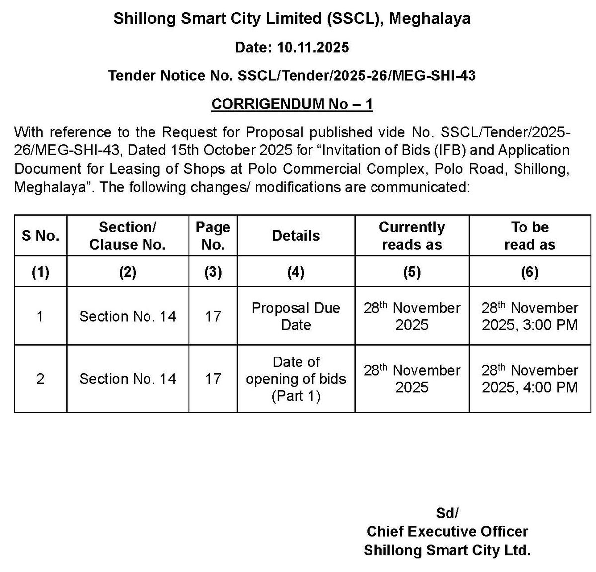 MeghalayaGov's tweet photo. #CORRIGENDUM No. 1 - Invitation of Bids #IFB and Application Document for Leasing of #Shops at #Polo Commercial Complex, #PoloRoad, #Shillong, #Meghalaya @DiprMeghalaya (https://t.co/3XGtJMDYEV) https://t.co/vomo8Pm6y1