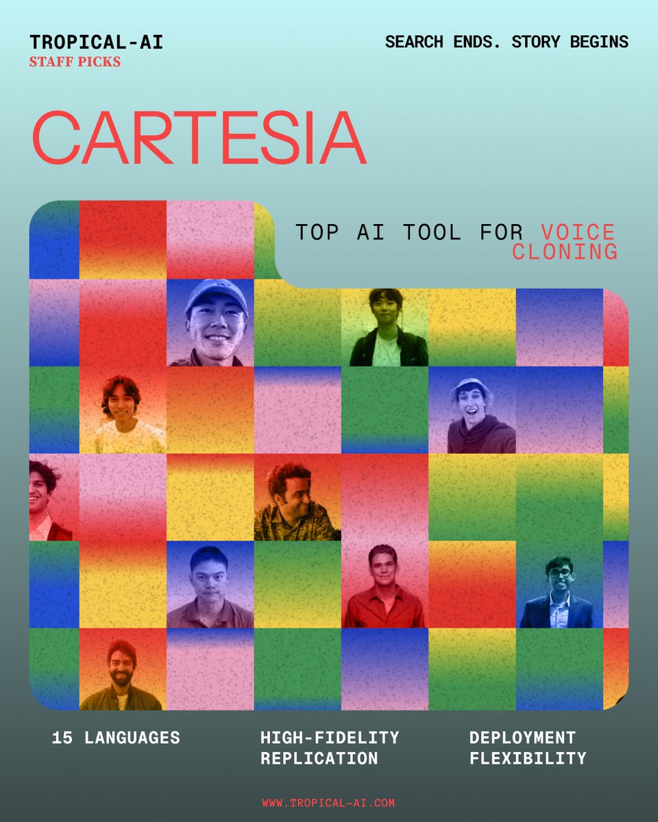 tropical_ai's tweet photo. One of the top AI tools for voice cloning, @cartesia by @krandiash, @bclyang, @_albertgu and Chris RΓ©
There is a right tool for all, and you shall find it on Tropical
#foundontropical #clone #ai #aitools2025 #toptools #aitools #voicecloning https://t.co/yqEAmgLNVc