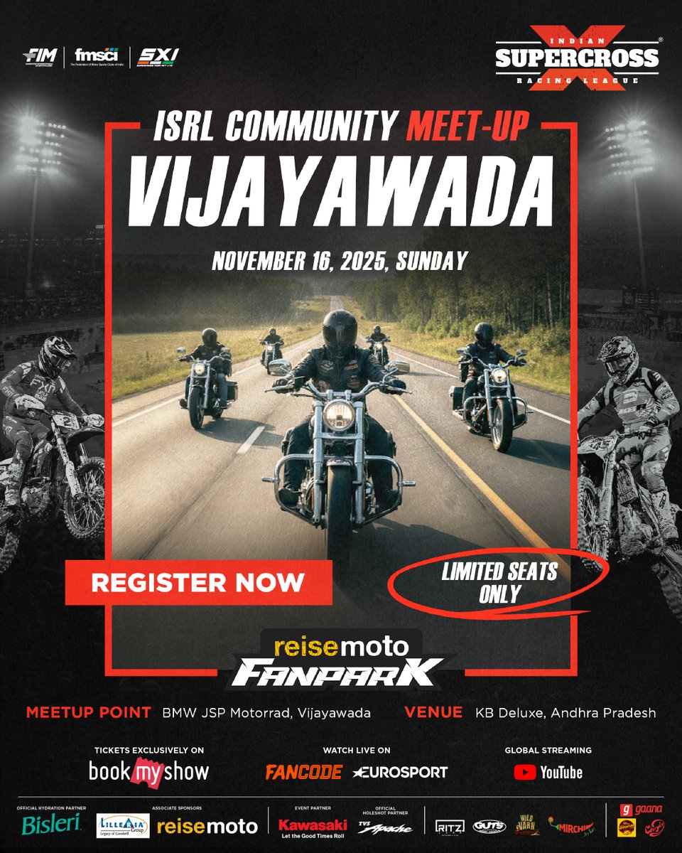 🏁 Vijayawada Riders — your moment is here! 🔥

The <a href="/ISRL_official/">ISRL - Indian Supercross Racing League</a> X <a href="/reisemoto_/">Reise Moto</a> Community Meet-Up is hitting your city this Sunday, 16th November! ⚡

Seats are limited — so don’t wait!
👉 Register now through the link: forms.gle/3c2MyurDcWuSGR…