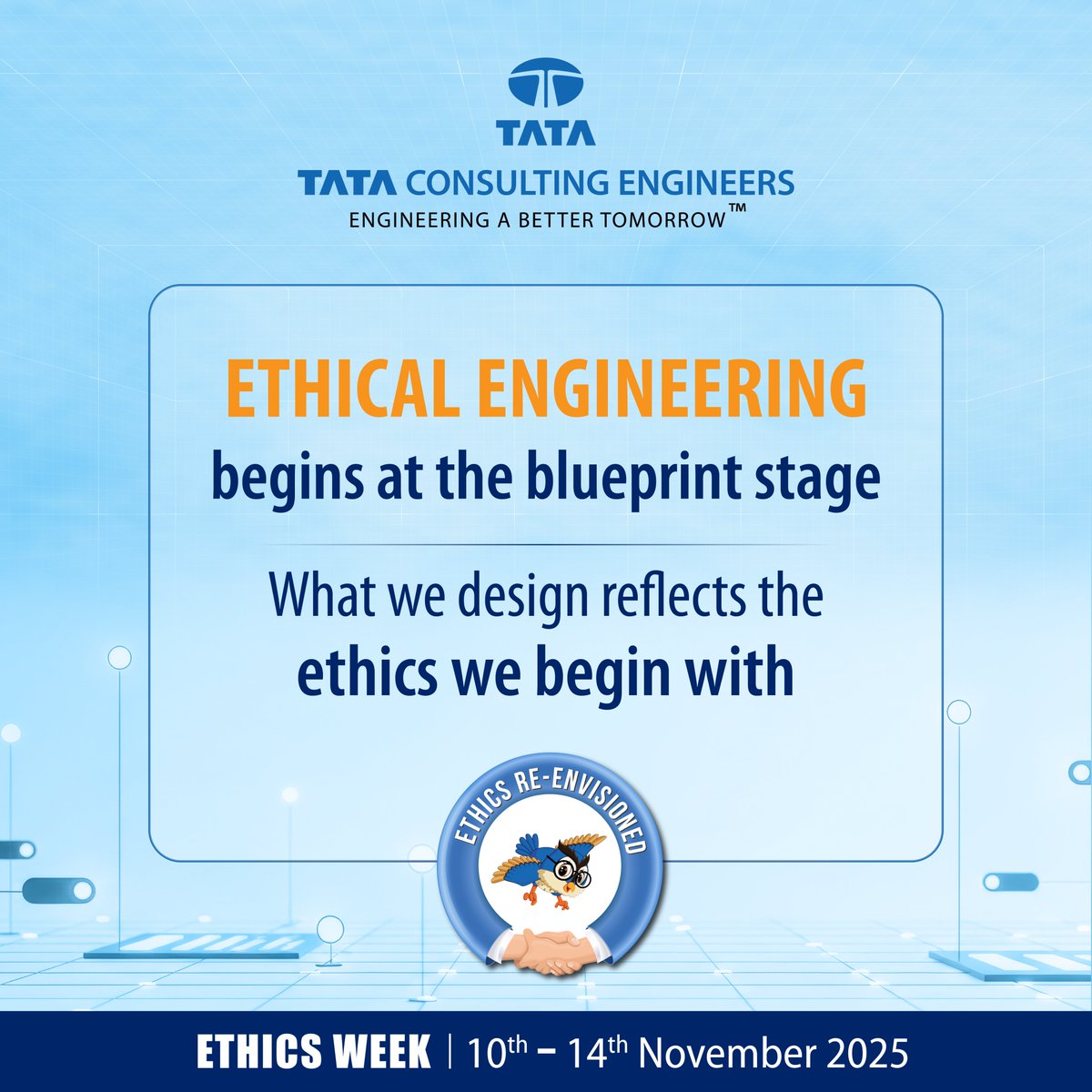 TCEConnect's tweet image. For Tata Consulting Engineers (#TCE), every design blueprint begins with responsibility.

Whether it is a power plant, an urban system or a digital model, the intent remains the same: to design solutions that are safe, sustainable and fair. Ethics in engineering does not come at…