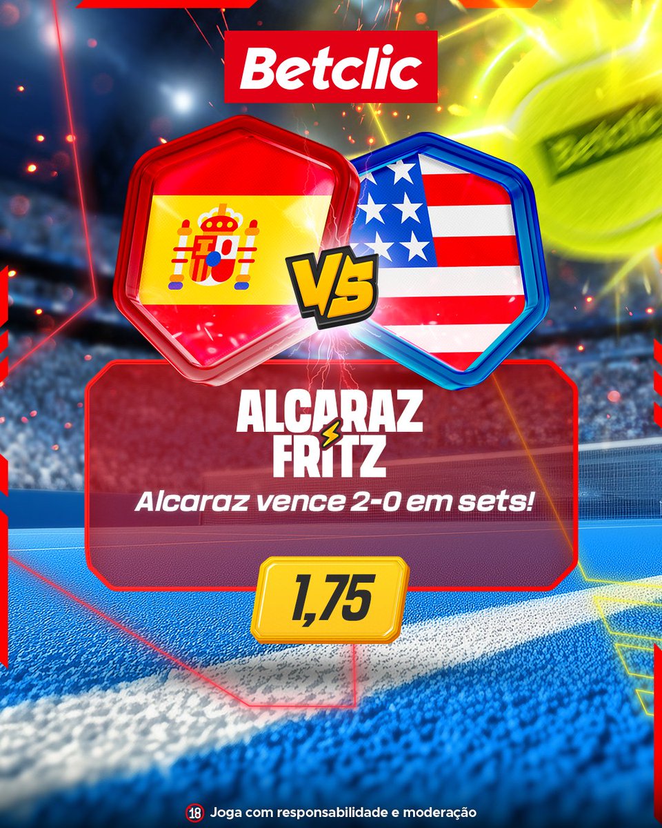 🎾 A dica da casa de hoje segue para as ATP Finals em Turim! Alcaraz vence 2-0 em sets? Se acontecer sorteamos 5€ em Freebets para 10 pessoas.

- Dá RT + Like no post
- Comenta o teu Username

1 comentário por pessoa.
Participação válida até às 13:00.
Vê e aposta na Betclic TV.