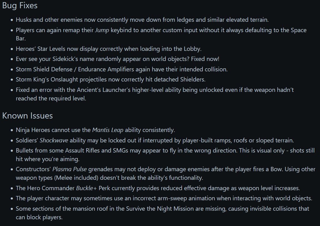 STW PATCH NOTES FOR 38.10

Hunt the Titan => Out of Beta
Snowstrike => Frozen Fjords
Flame Bow => Blasted Badlands

Resupply:
- No storm
- Only 1 objective now, farm

Elim and Collect:
- Made easier

Bug Fixes and Known Bugs in second image.
