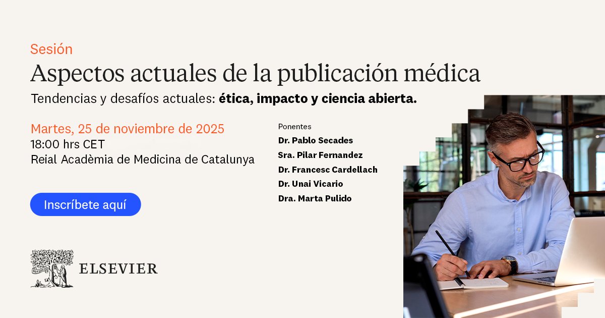 Elsevier_Es's tweet photo. El 25/11/2025, en la Reial Acadèmia de Medicina de Catalunya, organizamos una sesión sobre "Aspectos actuales de la publicación médica" con expertos de Elsevier.
Debates, reflexiones y networking en un evento gratuito. ¡Reserva tu lugar!
https://t.co/yt1mLkS1m5 https://t.co/JYQ7TLuSn3
