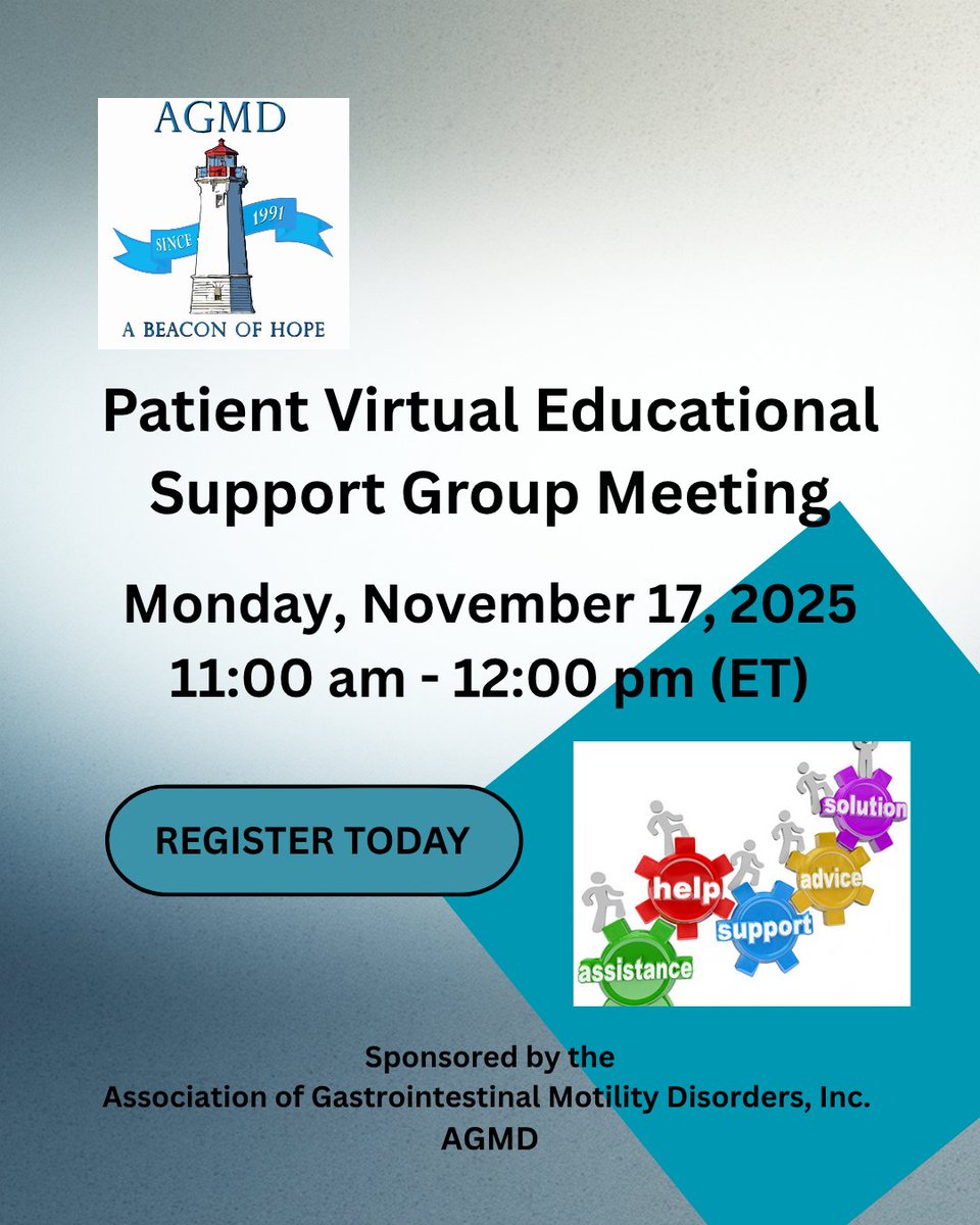 gimotility's tweet image. Feeling alone in your journey?  Join us for our Patient Virtual Educational Support Group Meeting. Register today. agmdhope.aidaform.com/november-2025-…
#agmdhope, #gimotility, #digestivesupport, #digestivemotility, #gastroparesis, #IBS, #GERD, #constipation,…