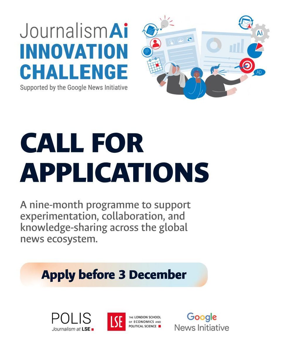 Exciting news! 🎉

Applications are now open for a new edition of the #JournalismAI Innovation Challenge, supported by the <a href="/GoogleNewsInit/">Google News Initiative</a>.

Follow this thread to learn more 👇