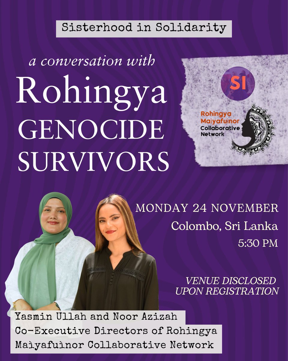 Join us for an evening of solidarity as we come together to share space with survivors of the Rohingya genocide.

We’ll be joined by Yasmin Ullah and Noor Azizah, the co-executive Directors of Rohingya Maìyafuìnor Collaborative Network. 

 Visit bit.ly/rohingyasi for more.